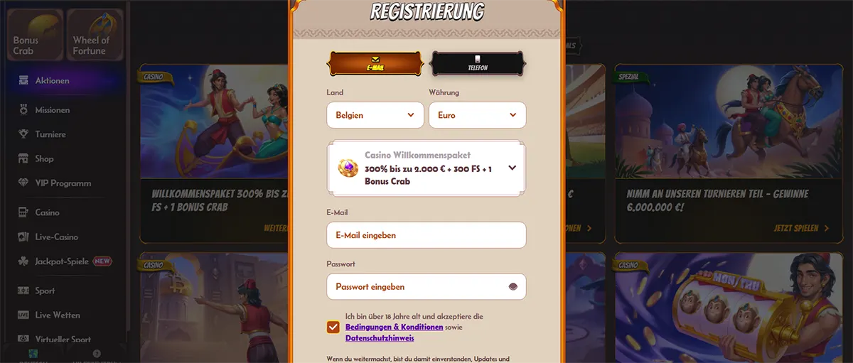 Online casino registration popup with email and phone sign-up tabs, country and currency dropdowns, welcome package details, e-mail and password fields, and a checkbox for terms and privacy consent over a dimmed casino homepage background.